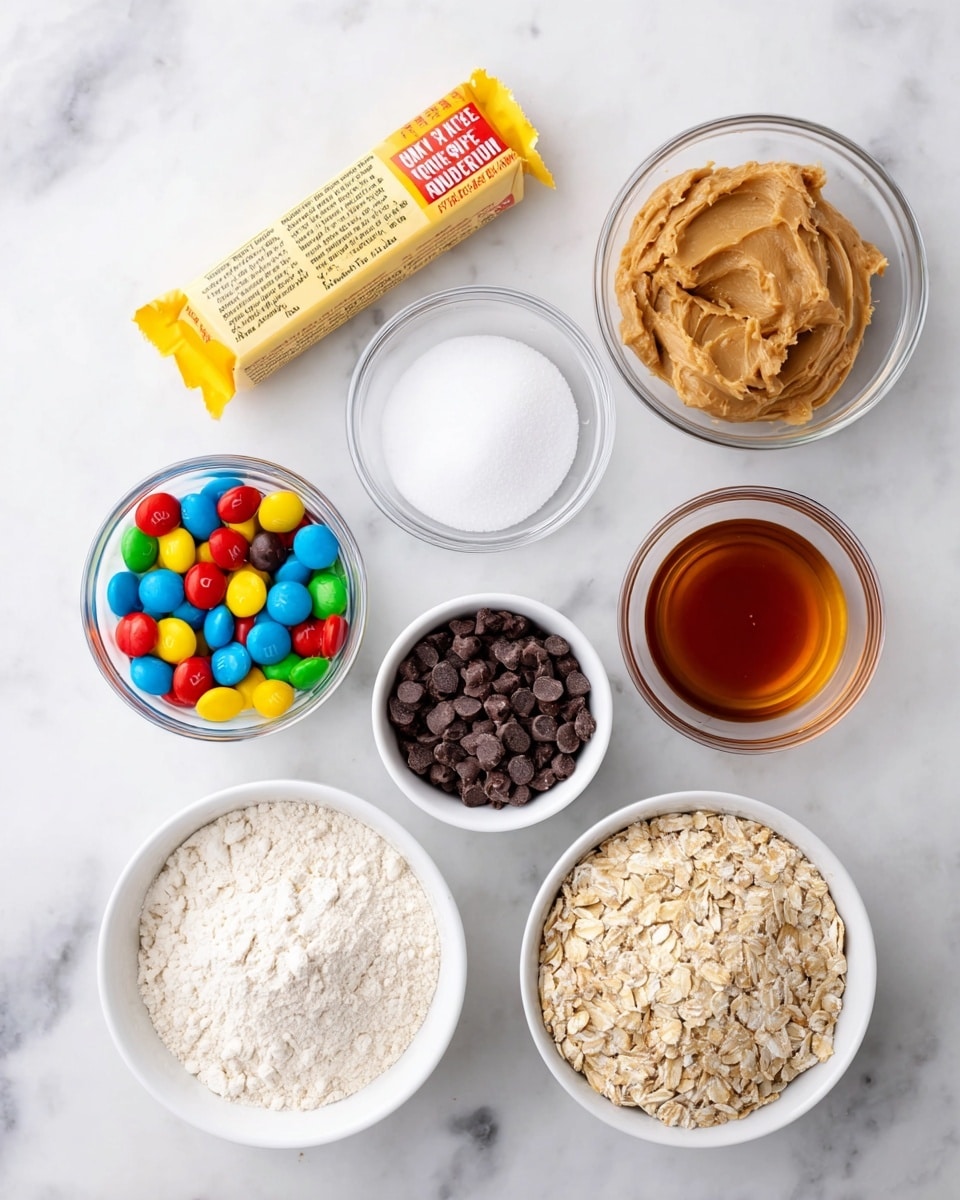 The image shows eight ingredients arranged neatly on a white marbled surface. At the top center is a stick of salted sweet cream butter wrapped in light yellow paper with red text. Below and slightly left is a clear glass bowl with smooth, light brown peanut butter, and to its right is a small white bowl with amber-colored liquid, likely vanilla extract. In the center are three clear bowls: one with white granulated sugar, one with light brown sugar with a crumbly texture, and one filled with colorful round candy-coated chocolates featuring red, yellow, blue, green, and brown colors. At the bottom, two white bowls are placed side by side; the left one contains a mound of white flour, while the right one has light beige rolled oats. There's also a white bowl filled with small dark brown chocolate chips near the bottom left. The composition is well-lit and clean, with the ingredients clearly visible against the white marbled background photo taken with an iphone --ar 4:5 --v 7