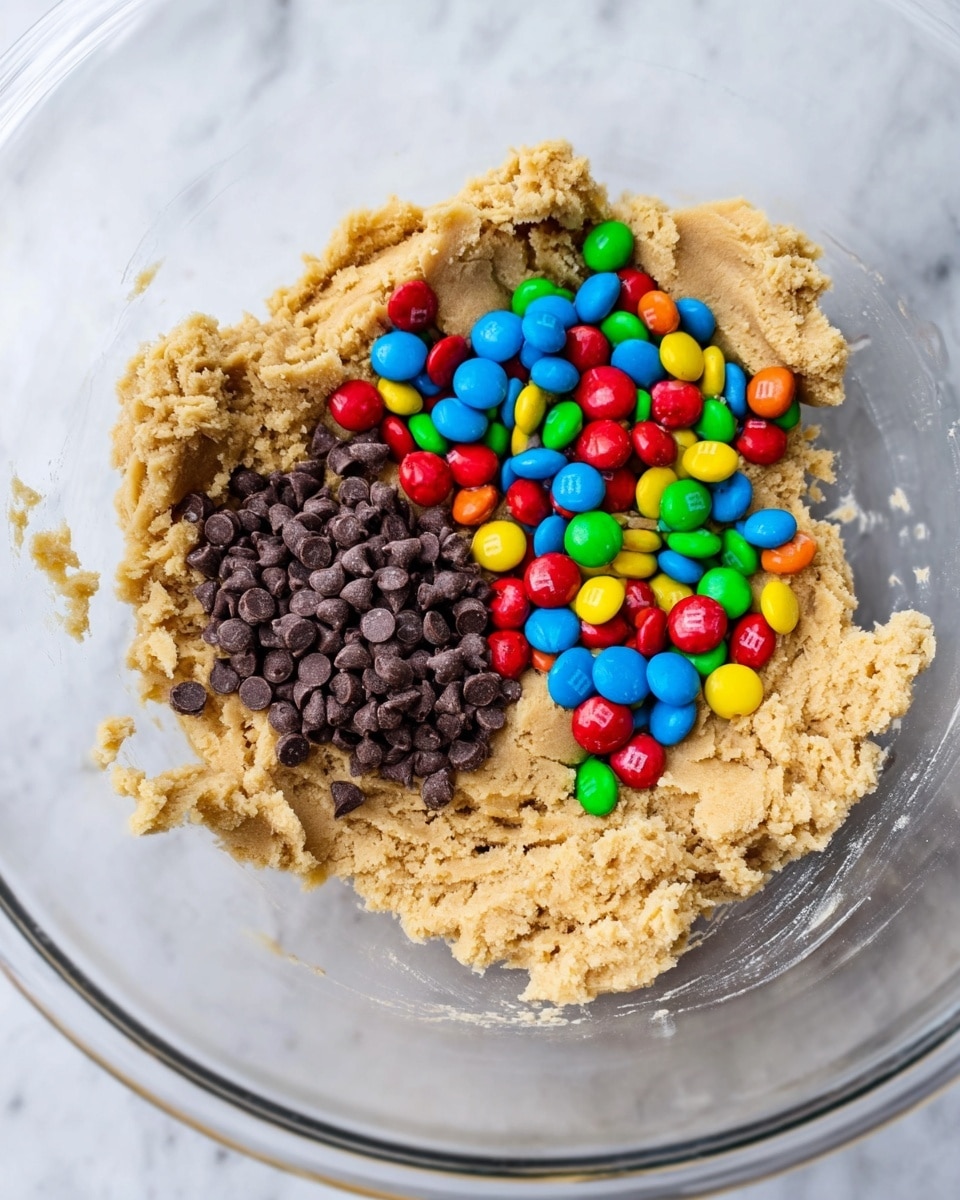 A clear glass bowl holds three layers: the bottom layer is light brown cookie dough with a soft, grainy texture spread unevenly around the bowl; on top of the dough, two separate piles of candies sit side by side near the center—one pile of small, smooth, dark brown chocolate chips with a classic shape, and next to it a pile of colorful M&M candies in bright red, blue, green, yellow, and orange with a shiny, smooth surface. The bowl is set on a white marbled surface. photo taken with an iphone --ar 4:5 --v 7