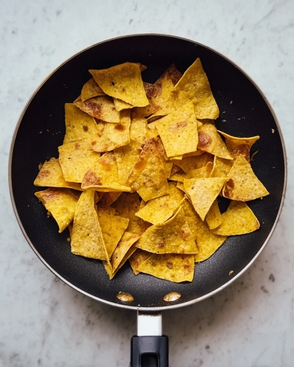 A black frying pan filled with several broken pieces of golden-yellow, toasted tortilla chips with small dark brown spots from cooking, resting on a white marbled surface photo taken with an iphone --ar 4:5 --v 7