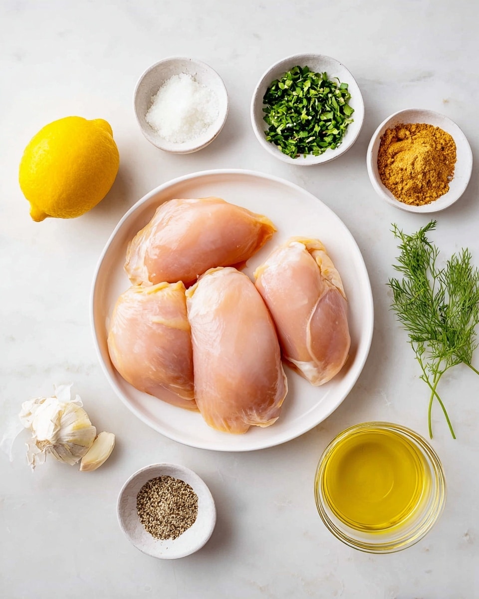 The image shows a white plate with four pieces of raw chicken on it, smooth and pinkish in color, placed in the center on a white marbled surface. Surrounding the plate are small white bowls containing different ingredients: chopped fresh green herbs, minced garlic, white salt, ground black pepper, a small pile of ground brown spice, golden-yellow olive oil, fresh green dill, and a clear bowl filled with white creamy mixture. A whole bright yellow lemon is placed to the left side near the herbs. The scene is clean and bright, styled neatly with a top-down view. photo taken with an iphone --ar 4:5 --v 7