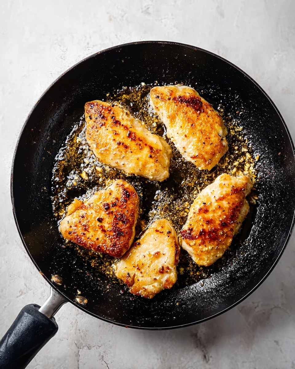 A black cast iron pan filled with four pieces of golden brown cooked chicken placed on a white marbled surface. The chicken pieces vary slightly in size and shape, each showing different levels of browning with crispy edges and oil glistening around them. Bits of cooked garlic or seasoning are visible in the hot oil covering parts of the pan, creating a textured look. The pan handle extends out slightly, showing a black grip. The overall scene gives a warm, fresh-cooked feeling. photo taken with an iphone --ar 4:5 --v 7