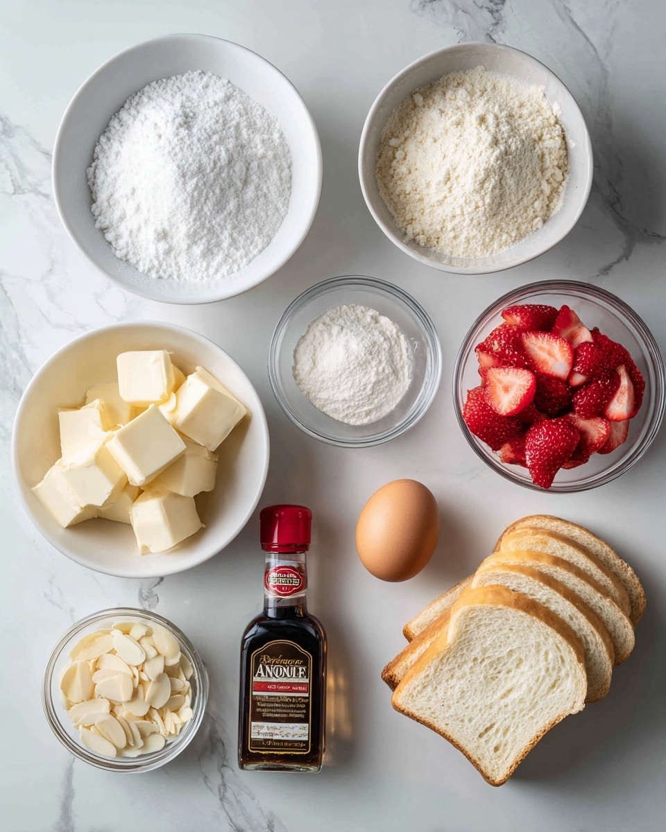 The image shows several small white bowls and clear containers arranged on a white marbled surface, each holding different ingredients. There is a white bowl filled with fine white sugar, another white bowl with pale yellow butter cut into blocks, a white bowl containing white flour, and a bowl holding light almond slivers. Nearby, a smaller white bowl has light cream-colored cornstarch, and a tiny white bowl is filled with thinly sliced almonds that are light brown edged. A clear glass container holds bright red sliced strawberries. An egg with a smooth brown shell lies next to two small bottles: one dark bottle of vanilla extract with a red cap and one smaller amber bottle labeled almond extract. On the side, three soft slices of pale golden brioche bread are stacked. The photo taken with an iphone --ar 4:5 --v 7