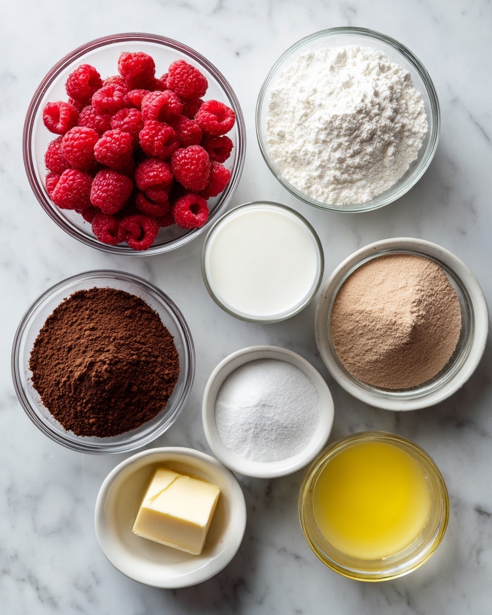The image shows nine small containers arranged on a white marbled surface. At the top left, there is a clear bowl filled with bright red raspberries. To the right of that is another clear bowl with white flour. Below the raspberries is a clear glass with white milk. In the center is a small white bowl with a white powder labeled baking powder. To its right is a white bowl filled with light brown sugar. Below that is a clear bowl with dark brown cocoa powder. At the bottom left, there is a small white bowl with white salt. Finally, at the bottom right, a clear bowl holds melted yellow butter. Each container is clearly labeled with black text on a pale blue box. Photo taken with an iphone --ar 4:5 --v 7