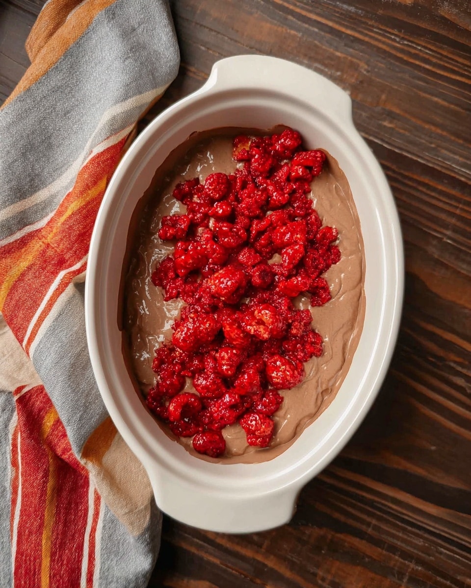 The image shows a white oval dish filled with two layers of food. The bottom layer is smooth and light brown, like chocolate mousse or pudding, covering the entire inside of the dish evenly. On top, there is a scattered layer of bright red crushed raspberries, adding texture with their small seeds and wet look. The dish is placed on a wooden floor with dark brown planks. Next to the dish, a folded cloth with orange, red, gray, and white stripes is visible. photo taken with an iphone --ar 4:5 --v 7