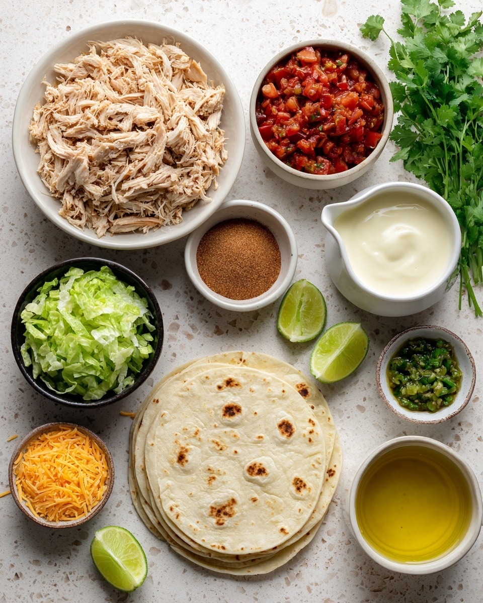 The image shows an overhead view of ingredients arranged on a white marbled surface. In the center bottom is a stack of light beige tortillas with small brown spots. To the top center is a white bowl with shredded light tan chicken. Just to the right is a small white bowl of bright red diced tomatoes. Further right is a clear yellow liquid labeled frying oil. Near the top right is a bunch of fresh green cilantro and four lime wedges with light green skin and white centers. Below the cilantro are small white bowls with earthy brown cumin powder and light green chopped green chilies. Next to the chicken are small bowls with green chili sauce showing seeds and roasted green parts and plain white salt. At the left side are a black bowl with chopped pale green lettuce, a small white pitcher with creamy white crema, a small cup with bright orange shredded cheddar cheese, and an open can showing smooth reddish-brown refried beans. The whole scene looks fresh and ready for making tortillas photo taken with an iphone --ar 4:5 --v 7