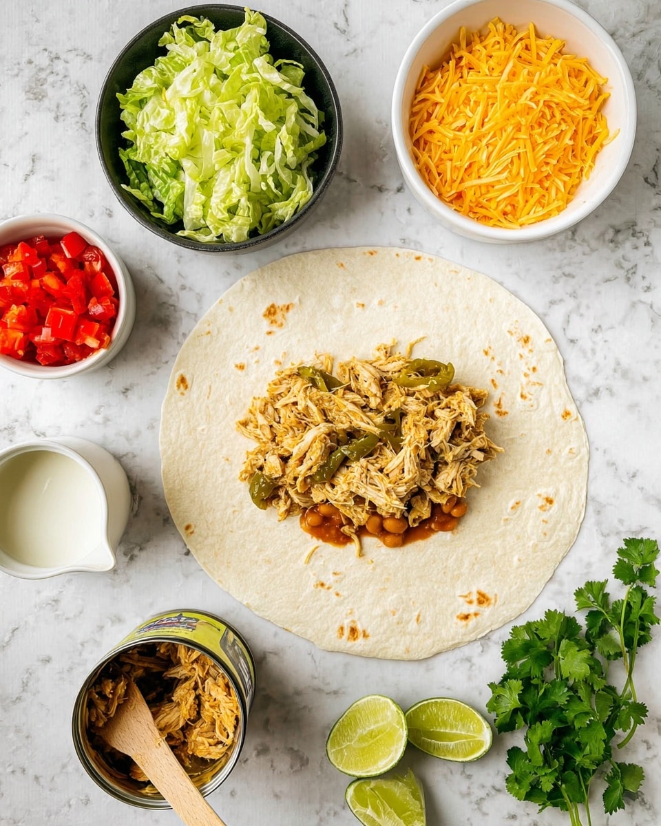 A large white tortilla is placed on a white marbled surface, with a layer of reddish-brown spread topped by a mix of shredded chicken and green chilies in the center. Above the tortilla, arranged in a semicircle on the surface, are a black bowl containing chopped lettuce, a white bowl with small diced red tomatoes, a white bowl filled with shredded bright orange cheddar cheese, a small white pitcher with white sauce, and an open can with orange refried beans and a spoon inside. Fresh green cilantro lies to the right side, and two lime wedges rest on the bottom right corner. A wooden spoon is inside the bowl with shredded chicken and chilies. photo taken with an iphone --ar 4:5 --v 7