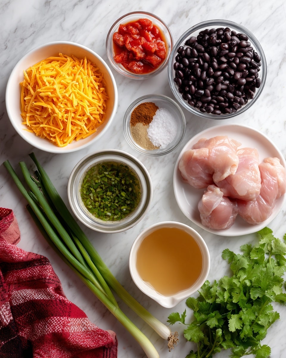 The image shows various ingredients arranged on a white marbled surface. At the top left, there is a white bowl filled with bright orange shredded cheddar cheese, next to a small white bowl of red Rotel tomatoes. To the right, a clear glass bowl holds shiny black beans. Below these, there is a small white bowl of coarse salt, and beside it a white bowl with green chopped chiles in liquid. Near the bottom left, two fresh green onions lay diagonally, next to a small white bowl of light brown ground cumin and another with paleo brown taco seasoning powder. A glass measuring cup with light golden chicken stock sits near the bottom left. On the right, fresh green cilantro leaves are bunched together, and at the bottom right corner a white plate holds several pink raw chicken thighs. A red and white cloth is partly visible at the bottom left. The text labels describe the ingredients. Photo taken with an iphone --ar 4:5 --v 7