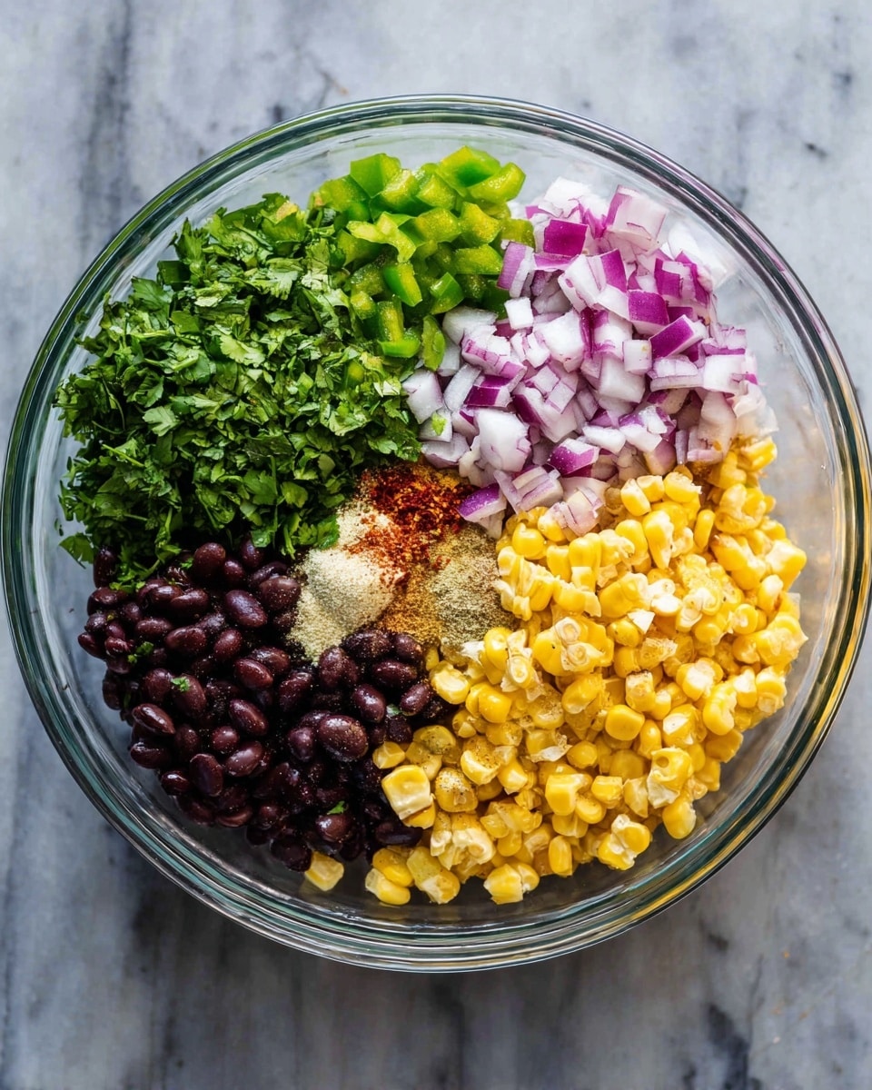 A clear glass bowl on a white marbled surface holds a colorful mix of ingredients arranged in separate sections. Starting from the top left, there is a bright green pile of chopped cilantro next to a group of finely diced purple and white onions. Below the onions is a small layer of chopped green bell peppers. To the right and below the peppers, there is a larger section of yellow corn kernels, two parts of which appear to be slightly charred, adding a subtle brown texture. Near the center, powdered spices are sprinkled over the corn, showing a mix of light beige and red colors. Below the cilantro is a section of dark black beans, which provide a deep contrast to the other vibrant colors in the bowl. The whole image looks fresh and well-organized, with each ingredient’s texture clearly visible. photo taken with an iphone --ar 4:5 --v 7