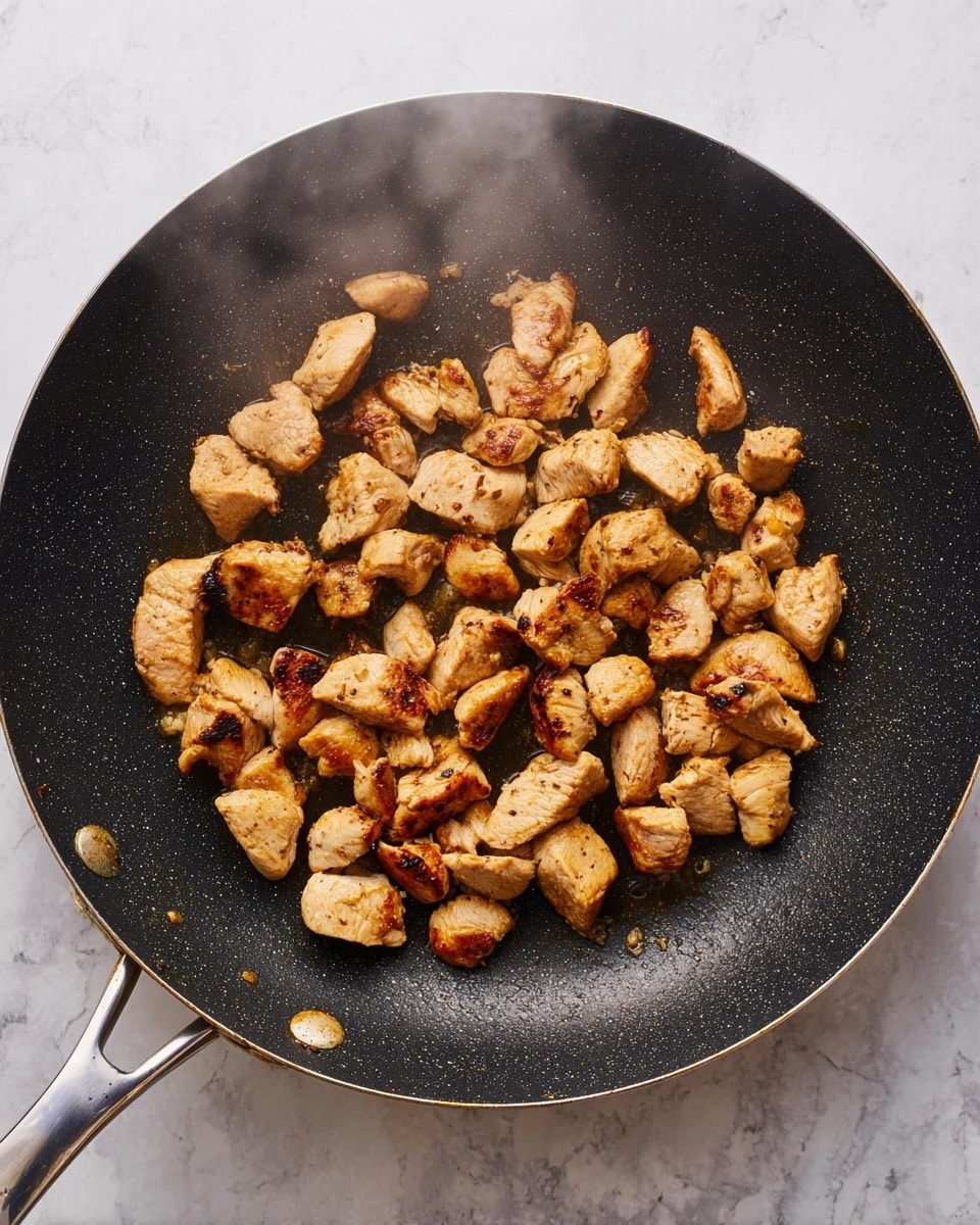 The image shows small pieces of cooked chicken, golden brown with some darker brown sear marks, spread across a large black pan with a speckled texture. Steam rises gently from the chicken, and the pan is placed on a white marbled surface. The handle of the pan is metallic with two visible rivets attaching it to the pan. photo taken with an iphone --ar 4:5 --v 7