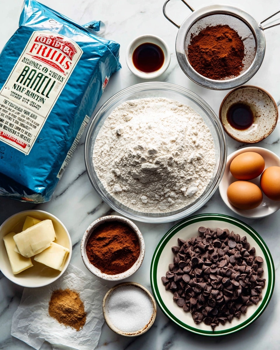 A top-down view of baking ingredients arranged neatly on a white marbled surface. In the center is a blue bag of Bob's Red Mill all-purpose organic flour. To the left, a large clear glass bowl holds white flour with a small pile of cocoa powder on top. Above it is a small metal sifter filled with cocoa powder resting next to a white bowl with more cocoa powder inside. A small white bowl with dark vanilla extract sits nearby. To the right, a clear glass bowl contains two raw eggs, separated shells scattered close by. At the bottom right, a white plate with a green rim is filled with dark chocolate chips. Next to that, a small clear glass bowl is filled with sugar, and a white bowl with brown sugar is on the left. Cubes of butter rest on wax paper near the bottom left corner. The scene is bright and clean, photo taken with an iphone --ar 4:5 --v 7