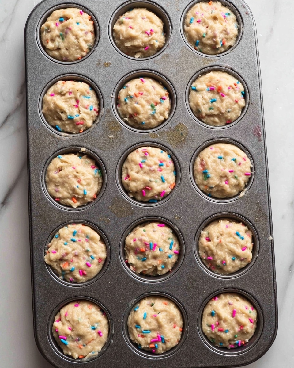 A dark gray metal mini muffin baking tray with 24 round molds filled with light beige batter mixed with small colorful sprinkles in shades of pink, blue, orange, and green. Each mold is nearly full, with the batter having a thick and slightly lumpy texture. The tray sits on a white marbled surface that shows subtle gray veins. The light in the image is natural and soft, highlighting the batter’s moist texture and the shiny, slightly greased surface of the tray. photo taken with an iphone --ar 4:5 --v 7