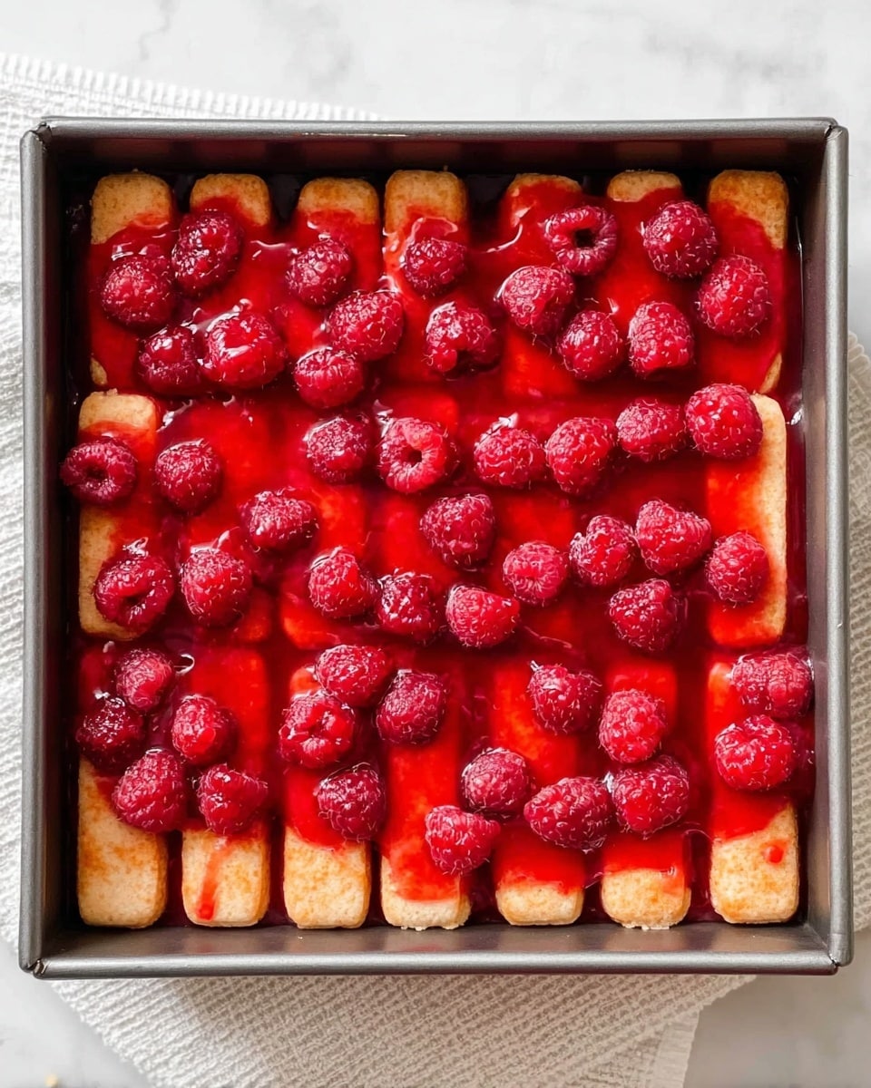 A square baking pan filled with two layers of ladyfinger cookies neatly arranged side by side, soaked slightly so they have a soft texture and light brown color. On top, there is a thick, shiny layer of bright red raspberry sauce spread evenly, covering the entire surface. Scattered all over the sauce are fresh raspberries in a deep red color, adding texture and contrast to the smooth sauce. The pan is on a white marbled surface with a white textured cloth underneath. photo taken with an iphone --ar 4:5 --v 7