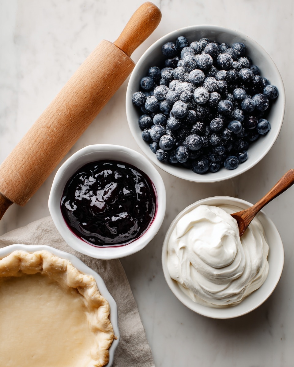 The image shows the ingredients for a blueberry dessert arranged neatly on a white marbled surface. On the top right, a white bowl is filled with frozen blueberries that have a light frosty texture. To the left, there is a wooden rolling pin labeled as pie crust. Below that, a white bowl contains smooth, fluffy lite whipped topping. To the right of this, a small white bowl holds glossy, dark blueberry preserves with a wooden spoon resting inside. Below the preserves, another white bowl contains creamy Greek yogurt with a slight swirl pattern on top. The edge of a white pie dish is seen on the lower left side of the image. Photo taken with an iphone --ar 4:5 --v 7