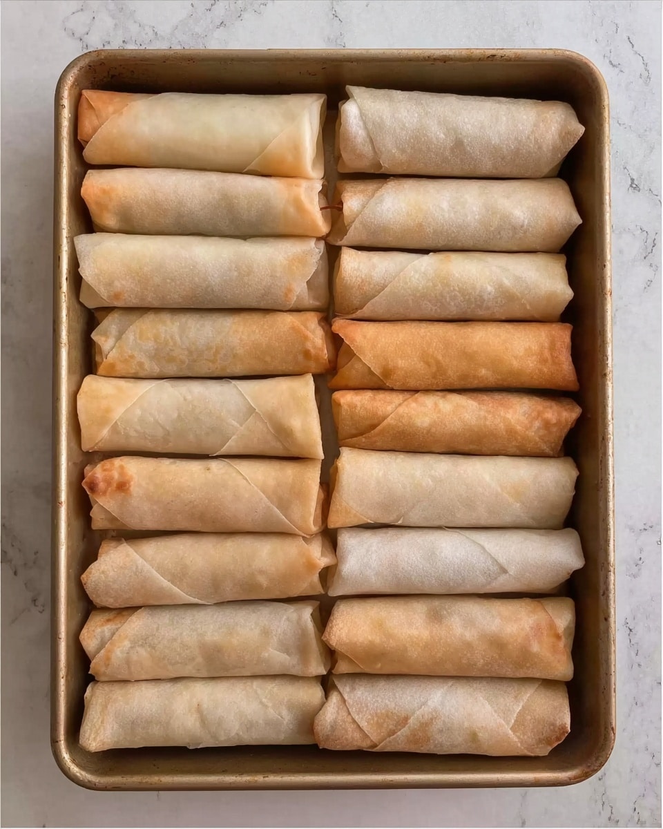 The image shows a metal tray filled with fifteen rolled spring rolls arranged neatly in three columns and five rows. The spring rolls have a light golden brown, slightly crispy outer layer with a few varying shades from pale beige to a soft tan. The tray is placed on a white marbled surface that contrasts with the warm colors of the rolls. Each roll is uniformly shaped, with smooth, tightly wrapped edges, indicating they are ready for cooking or serving. Photo taken with an iphone --ar 4:5 --v 7
