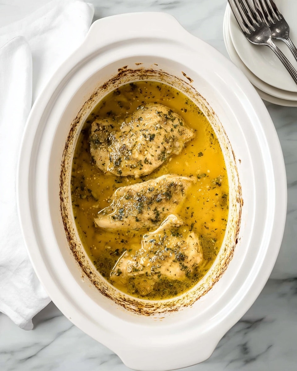 The image shows a white slow cooker filled with three pieces of chicken covered in a yellowish sauce. The chicken is light in color with some green herbs sprinkled on top, and the sauce looks thick with small chunks and oils floating. The inside edge of the slow cooker has some brown spots from cooking. The slow cooker sits on a white marbled surface, with two forks lying nearby and a white bowl containing more forks and spoons in the upper right corner. Photo taken with an iphone --ar 4:5 --v 7