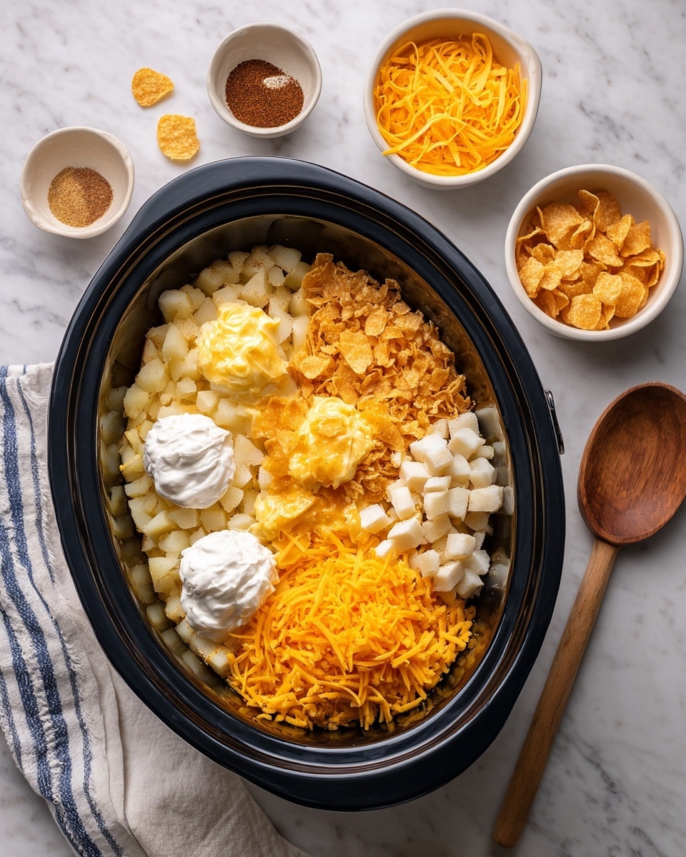 The image shows a top view of a white oval slow cooker filled with six different ingredients arranged in layers and sections inside. The bottom layer consists of small, white cubed potatoes filling almost half the cooker. Above the potatoes, there is a large section of shredded bright orange cheddar cheese. To the top left of the cheese, there is a dollop of creamy white sour cream, and next to it on the right, a yellow layer of smooth mustard. On top of the mustard, there are three small piles of seasonings: light beige, dark brown, and white salt. Around the slow cooker, there are small white bowls filled with shredded cheddar cheese, cubed white potatoes, and corn flakes on a white marbled surface with a blue and white striped cloth and a wooden spoon on the top right. Photo taken with an iphone --ar 4:5 --v 7