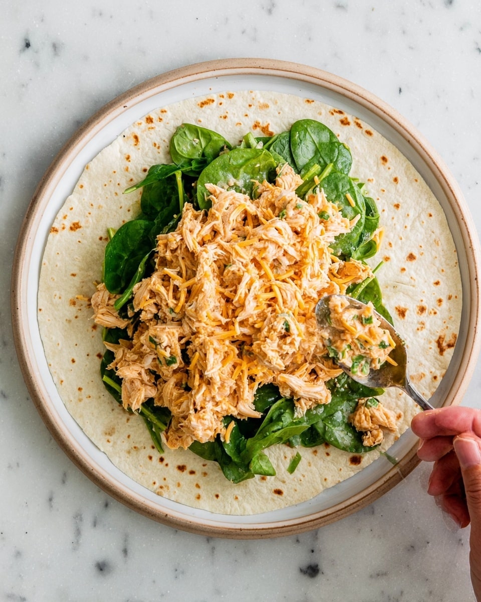 A white plate holds a flat tortilla as the base layer with a light brown color and some darker spots. On top of the tortilla, there is a layer of fresh green leafy spinach spread evenly. The next layer is shredded cooked chicken mixed with small pieces of orange cheese, placed in the center of the tortilla in a thick mound. A woman's hand is holding a spoon, adding more of the chicken and cheese mixture. The background is a white marbled texture. photo taken with an iphone --ar 4:5 --v 7