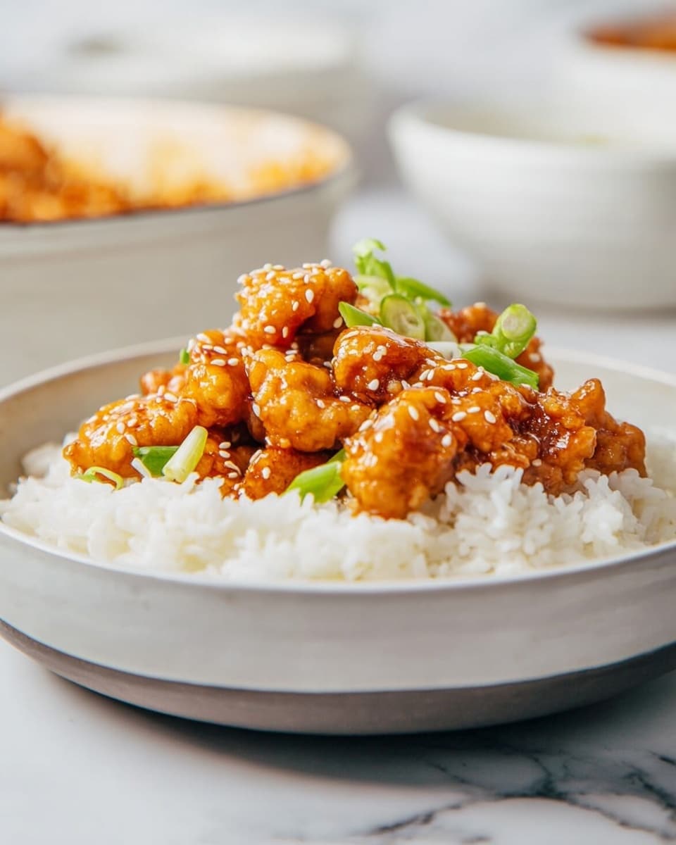 The image shows a close-up view of many small golden-brown pieces of cooked chicken coated with a shiny sauce and sprinkled with white sesame seeds in a white bowl. The chicken pieces have a slightly crispy texture with darker browned edges and a glossy surface from the sauce. A wooden spoon is partially visible on the right side, mixing the chicken pieces. The inside of the white bowl has some sauce stains, and the background surface is a white marbled texture. photo taken with an iphone --ar 4:5 --v 7