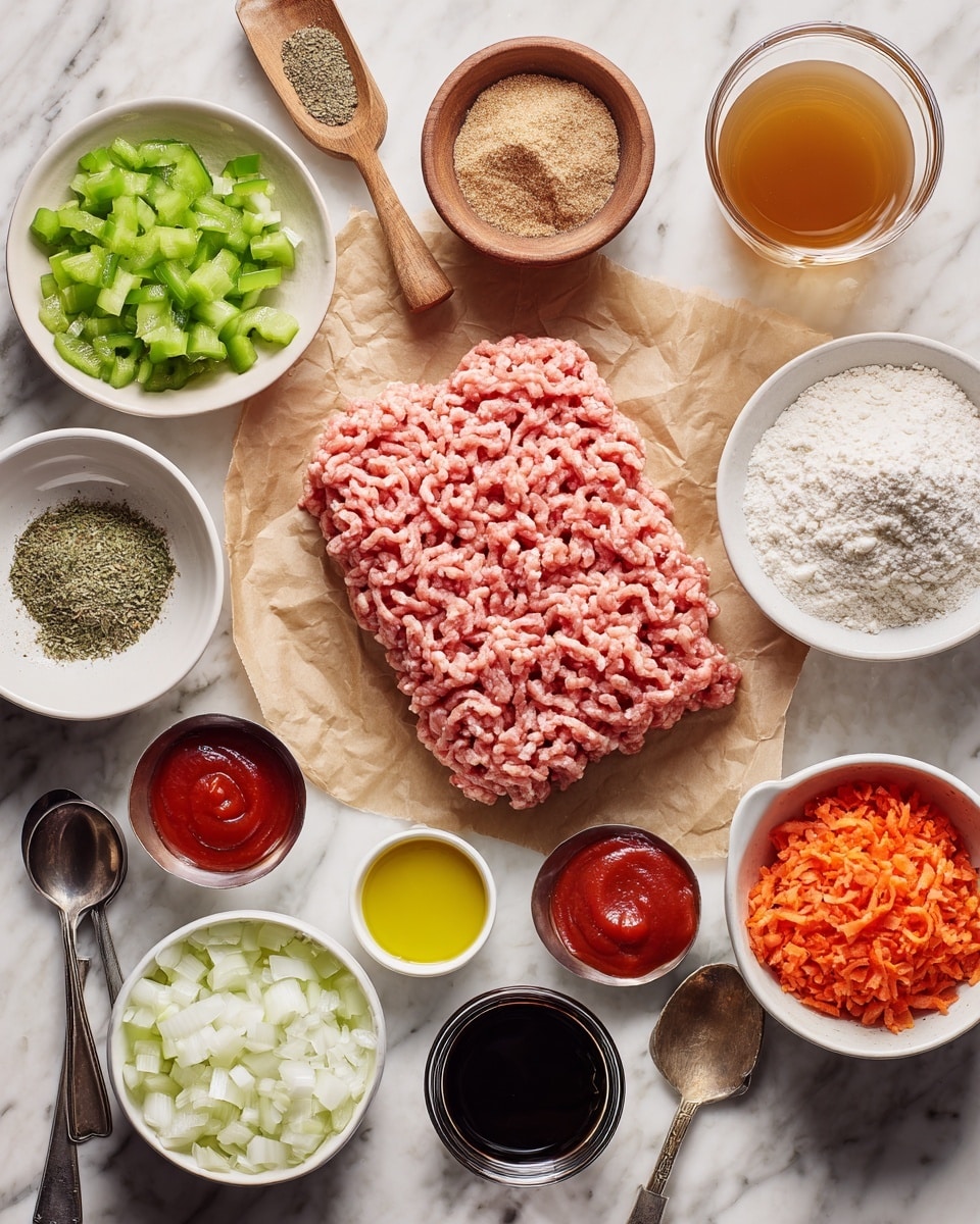 The image shows many ingredients laid out on a white marbled surface. At the center is a layer of raw ground turkey meat in a rectangular shape on brown parchment paper with a pinkish color and soft texture. Surrounding this are small white round bowls and wooden bowls filled with different ingredients. On the top left is chopped green bell pepper in a white bowl, next to it a small wooden bowl with light brown onion powder, and another wooden bowl with green oregano. To the right, a clear glass with light brown beef broth. Below that, two spoons with dark Worcestershire sauce and reddish red wine vinegar. Near the center bottom, there is a white bowl of white diced onion, another white bowl with chopped light green celery, and a small bowl of golden olive oil. Other items include a white bowl with minced garlic, a clear round glass bowl with coconut sugar in light brown, and a white bowl with bright orange chopped carrot. There are also two small metal measuring cups with red ketchup and canned tomato sauce, a small dish with pale yellow Dijon mustard, and a wooden scoop with black pepper and salt. A wooden spoon holds dark red chili powder. Photo taken with an iphone --ar 4:5 --v 7