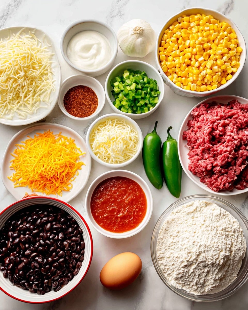 The image shows an organized arrangement of various ingredients on a white marbled surface. There are two piles of grated cheese, one white and one bright orange, placed next to each other, with a solid block of yellow cheese in front. To the left, a white bowl with a red rim holds black beans, and next to it lies a single egg and a bulb of garlic. Above the cheeses, there is a square portion of red ground meat on a white plate, and next to it are chopped green peppers. On the right side, a large white bowl is filled with bright yellow corn, and below it is a smaller white bowl with a red sauce. Alongside are halved and whole dark green peppers. Small bowls containing white sour cream, a reddish-brown spice powder, and white baking soda are placed near the top middle of the layout, all atop the white marbled surface. photo taken with an iphone --ar 4:5 --v 7