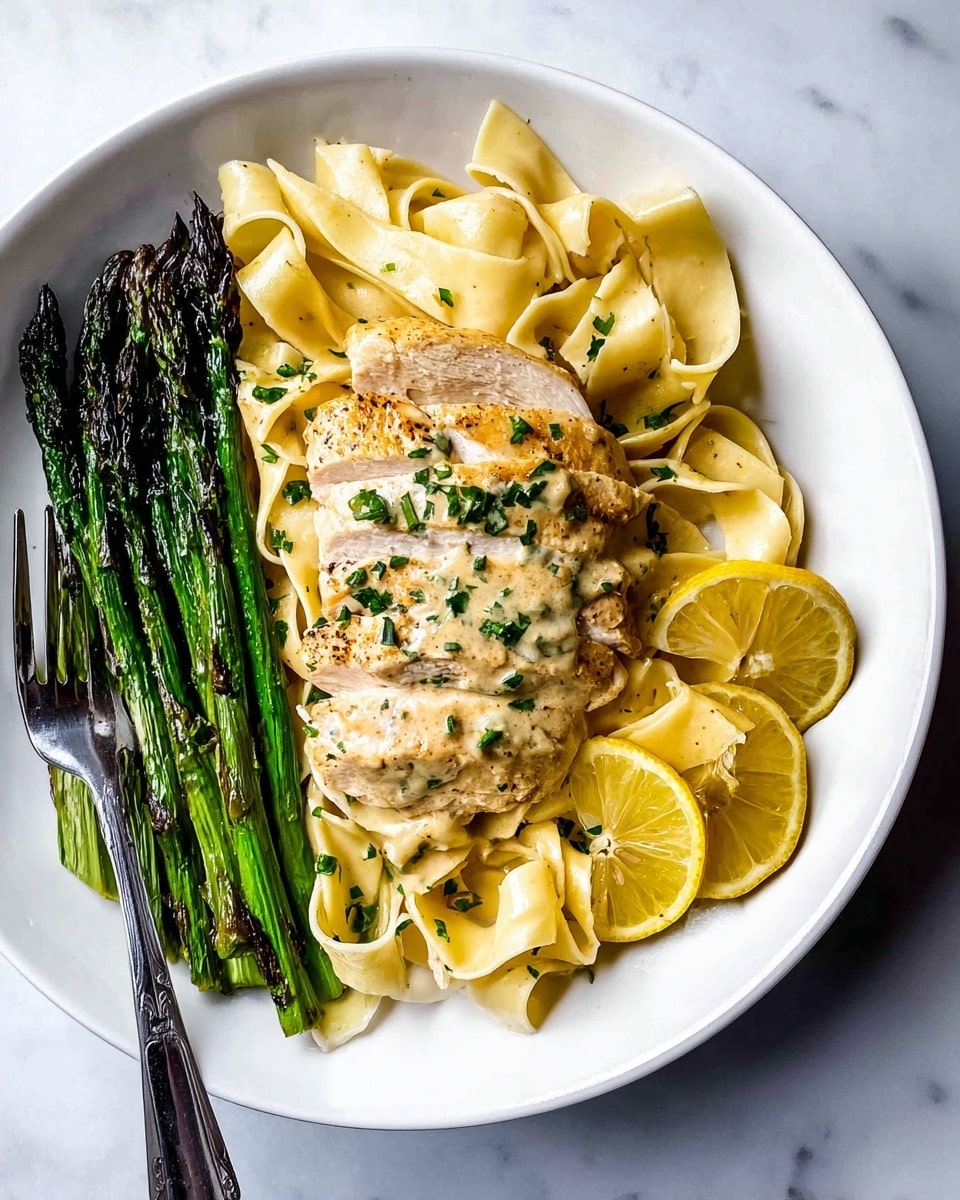 A white plate holds a layered dish starting with a bed of wide, creamy beige pasta ribbons twisted loosely in the center. On top of the pasta lies a thick, pale golden sauce-coated piece of sliced chicken, sprinkled with finely chopped green herbs. To the right of the chicken and pasta are bright yellow lemon wedges adding a fresh pop of color. Arranged neatly along the top edge of the plate are several deep green grilled asparagus spears with dark char marks. A shiny fork rests inside the plate on the left side. The whole plate sits on a white marbled surface. photo taken with an iphone --ar 4:5 --v 7