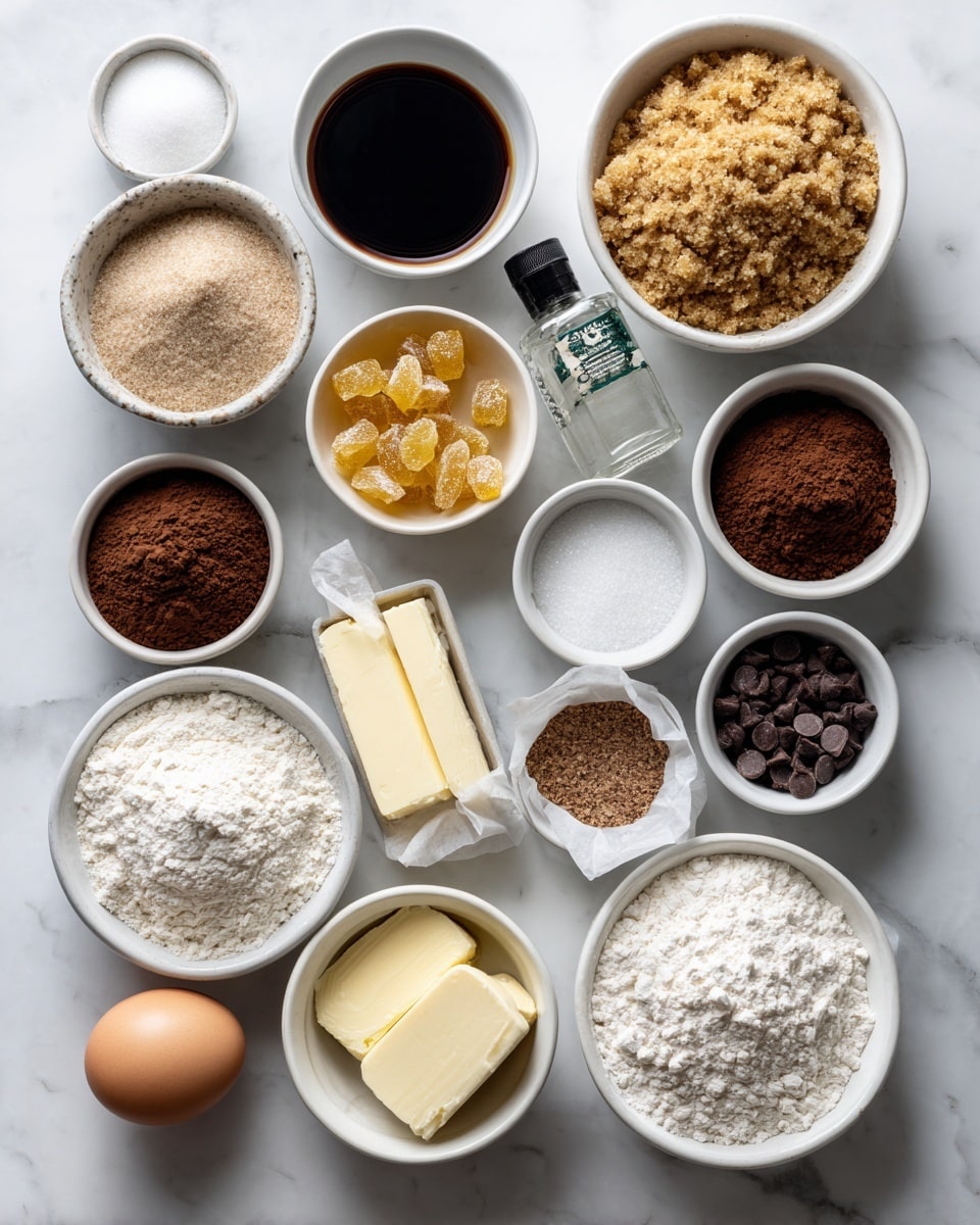 The image shows a flat lay of baking ingredients arranged neatly on a white marbled surface. There are 16 white bowls and containers with different contents: a bowl of light brown sugar with a crumbly texture at the top right, a bowl of white sugar next to it, and beside that a dark brown liquid molasses in a small bowl. An egg is placed near the center. Several white bowls contain powders and spices like cocoa powder (dark brown), all-purpose flour (off-white and floury) in a larger bowl at the bottom right, baking powder and baking soda (both white powders), salt (white granules), cinnamon, nutmeg, ginger, and cloves (all in various shades of warm brown). There is a small bowl with candied ginger pieces (yellow and translucent), and another bowl with chocolate chips (dark brown). Two sticks of butter wrapped in white paper and a dark bottle of vanilla extract are also shown. All items are arranged clearly and evenly spaced in a visually pleasing manner. Photo taken with an iphone --ar 4:5 --v 7