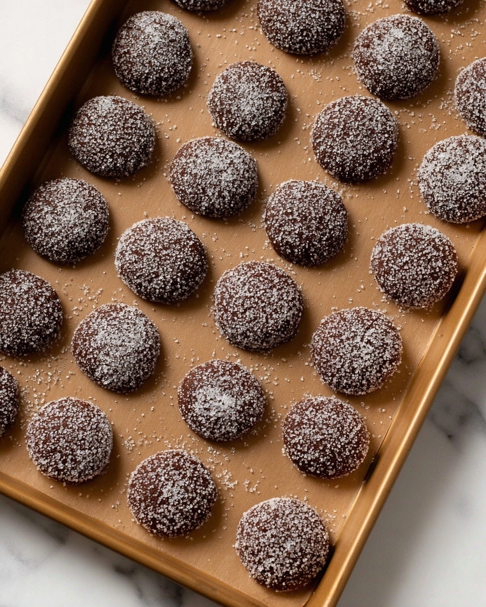 There are many round chocolate cookies covered in granulated sugar arranged in neat rows on a baking sheet lined with brown parchment paper, all placed on a white marbled surface. photo taken with an iphone --ar 4:5 --v 7
