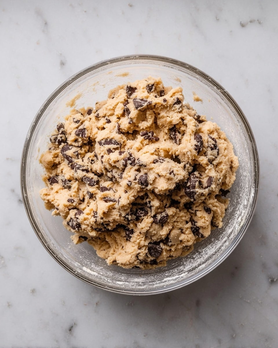 A clear glass bowl filled with chunky cookie dough sits on a white marbled surface. The dough has a light brown color, thick and rough in texture, with many dark brown chocolate chunks spread evenly throughout. The inside of the bowl shows some streaks of flour sticking to the sides, giving a slightly powdery look around the dough. The mixture looks dense and sticky, ready to be shaped into cookies. photo taken with an iphone --ar 4:5 --v 7