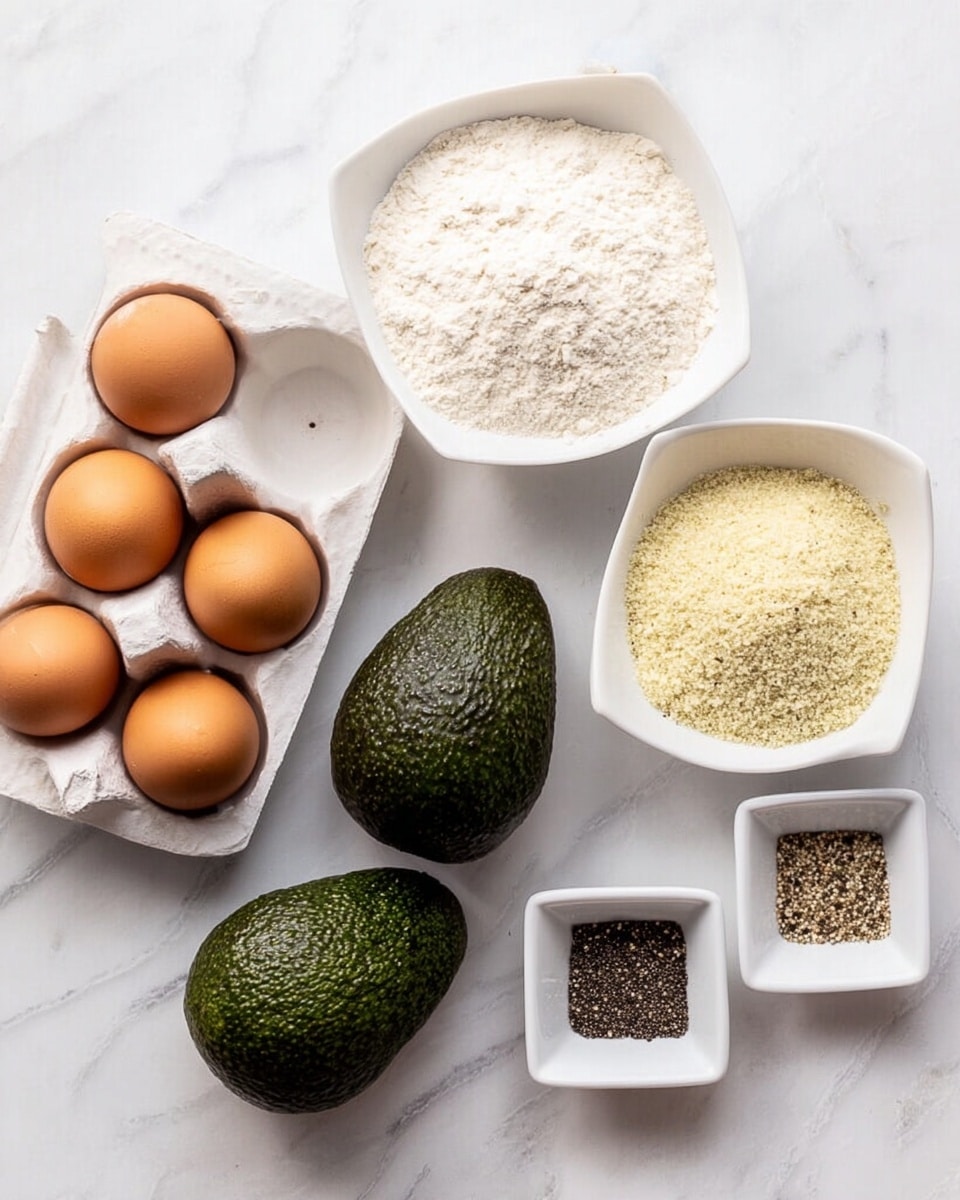 The image shows ingredients arranged on a white marbled surface: two brown eggs in a white egg tray on the left, two whole dark green avocados with bumpy skin below the eggs, and two white bowls above the avocados—one filled with white flour and the other with light beige breadcrumbs. To the right, two small white square bowls contain black pepper and salt with black specks. The scene is bright and clean with all elements clearly visible. photo taken with an iphone --ar 4:5 --v 7