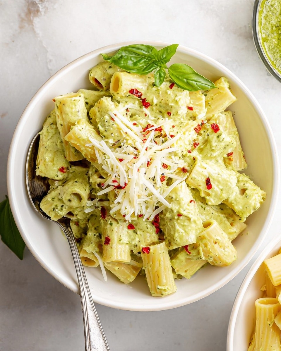 A white bowl filled with smooth, thick, pale green broccoli sauce with a creamy texture, being lifted by a wooden spoon held by a woman's hand. The sauce has a soft swirl pattern on the surface inside the bowl. In the background, there are fresh broccoli stalks on the left, lemon wedges, a wooden bowl containing rigatoni pasta, and a small white bowl with shredded cheese, all set on a white marbled surface. The scene is bright with soft natural light highlighting the green sauce and fresh ingredients. photo taken with an iphone --ar 4:5 --v 7