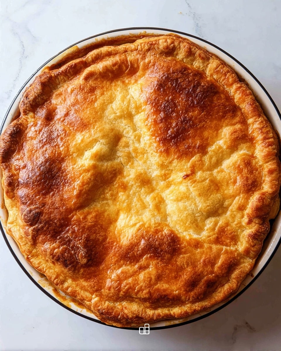 A round pie with one thick golden brown crust layer covers the top, showing a rough, slightly crinkled texture with some darker baked spots. The pie is in a white pan with a black rim, and some darker filling slightly peeks out around the edges under the crust. The background is a white marbled surface. photo taken with an iphone --ar 4:5 --v 7