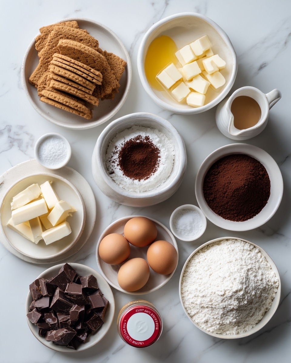 The image shows multiple small white bowls and plates arranged on a white marbled surface, each containing an ingredient for baking. There is one bowl with light brown digestive biscuits stacked flat, another with melted bright yellow butter, and a bowl filled with dark brown cocoa powder. A white bowl holds dark chocolate chunks that are uneven in size and texture. Nearby is a small white plate with sliced light yellow butter cubes. A round bowl contains white flour, while close to it are three brown eggs placed directly on the surface. There is a small white bowl of white granulated sugar and another tiny white bowl with white baking powder. A small white plate with salt and a jar of marshmallow fluff with a red lid sits on a white plate. Finally, a small white pitcher holds light brown vanilla extract. All items are neatly arranged for a clear view, photo taken with an iphone --ar 4:5 --v 7
