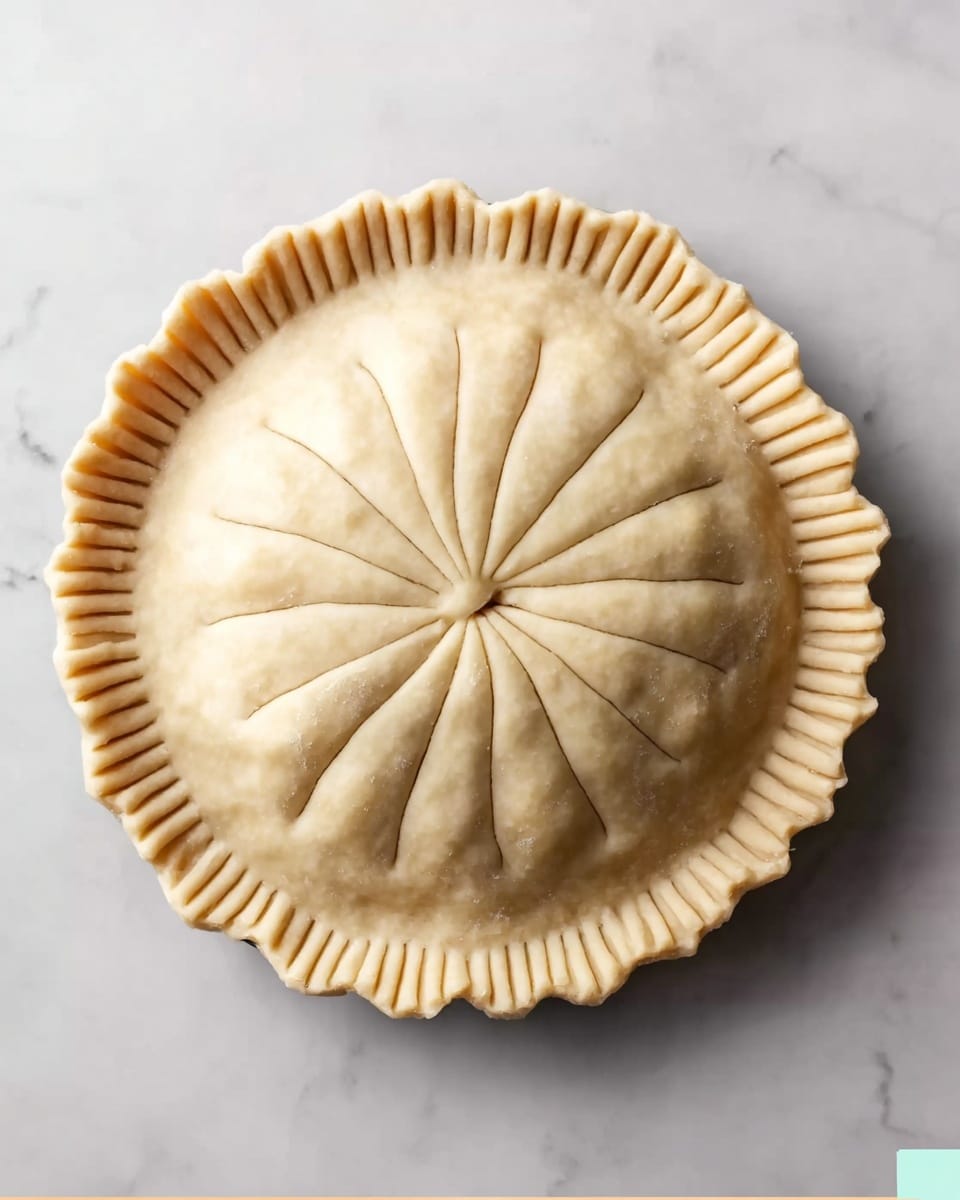 The image shows one round pie with a light tan crust that has a patterned edge made by pinching the dough. The top crust is smooth and shaped with curved lines radiating from a small slit in the center. The pie sits on a white marbled surface. Photo taken with an iphone --ar 4:5 --v 7