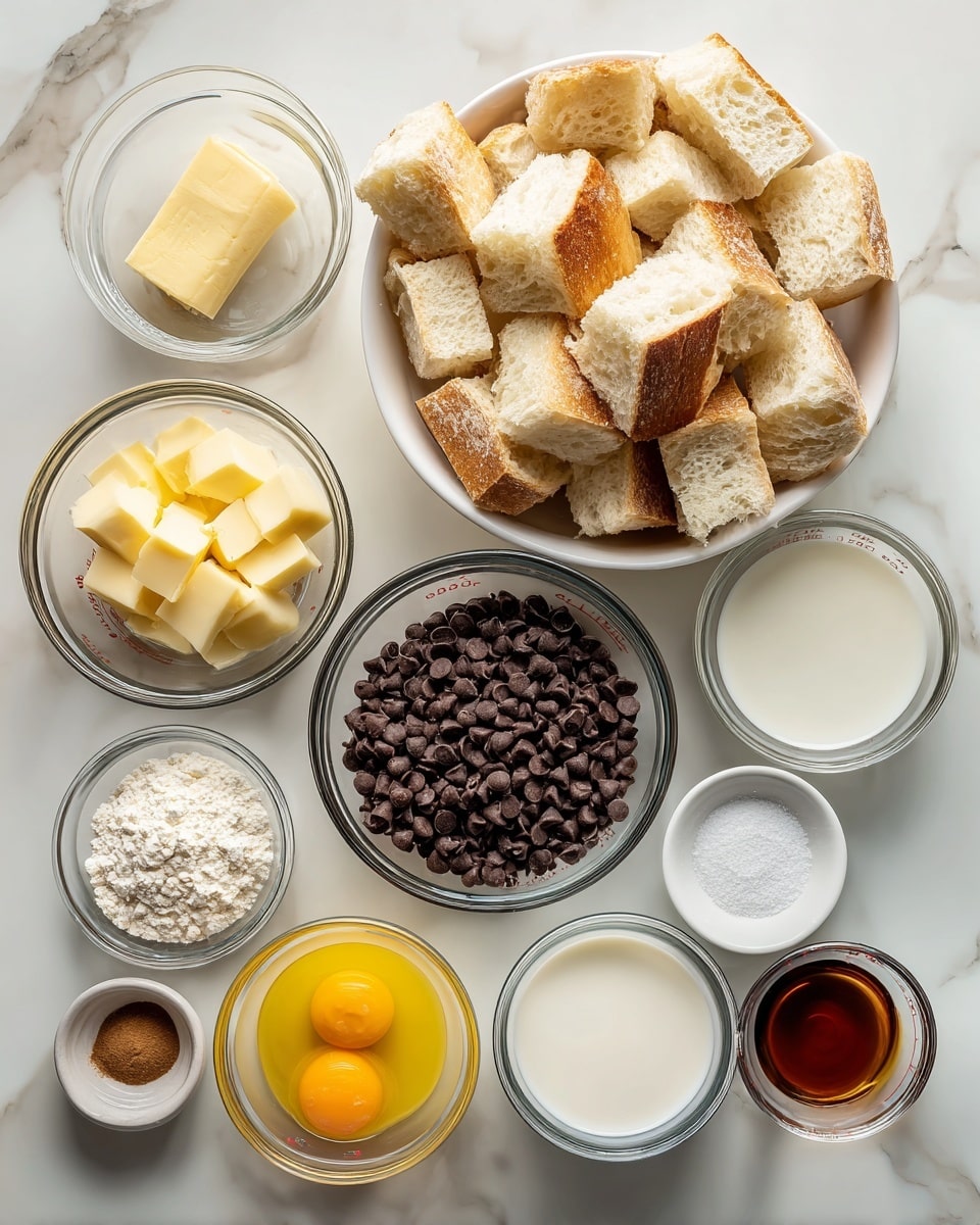 The image shows several clear glass bowls and measuring cups with ingredients placed on a white marbled surface. At the top center, a large bowl is filled with chunks of white bread with brown crust. Below it, in the center, there is a bowl filled with dark brown chocolate chips. Surrounding these are smaller clear bowls and cups containing pale yellow melted butter, dark brown vanilla, white sugar, white cream, bright yellow eggs, white salt, light brown cinnamon, and white milk. All items are neatly arranged with clear labels in black text on white boxes. Photo taken with an iphone --ar 4:5 --v 7