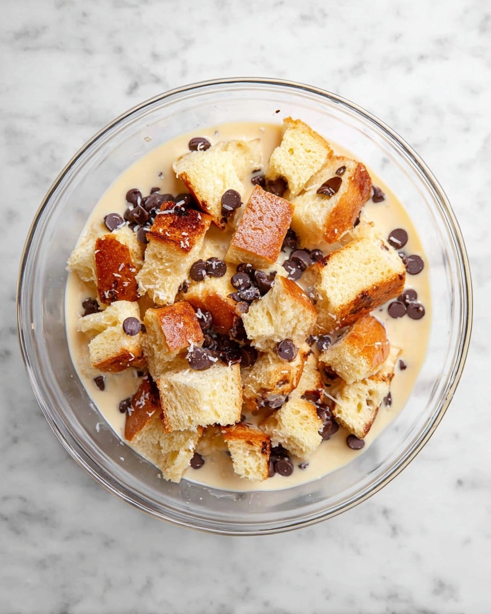 A clear glass bowl sits on a white marbled surface, filled with several irregular-sized cubes of soft, light yellow bread with golden-brown crusts. The cubes are mixed in with a creamy, light beige liquid. Scattered on top and among the bread pieces are small, round dark brown chocolate chips, some partially coated in the liquid. The overall look is a mix of soft, creamy textures with pops of smooth dark chocolate, all contained in the transparent bowl. Photo taken with an iphone --ar 4:5 --v 7