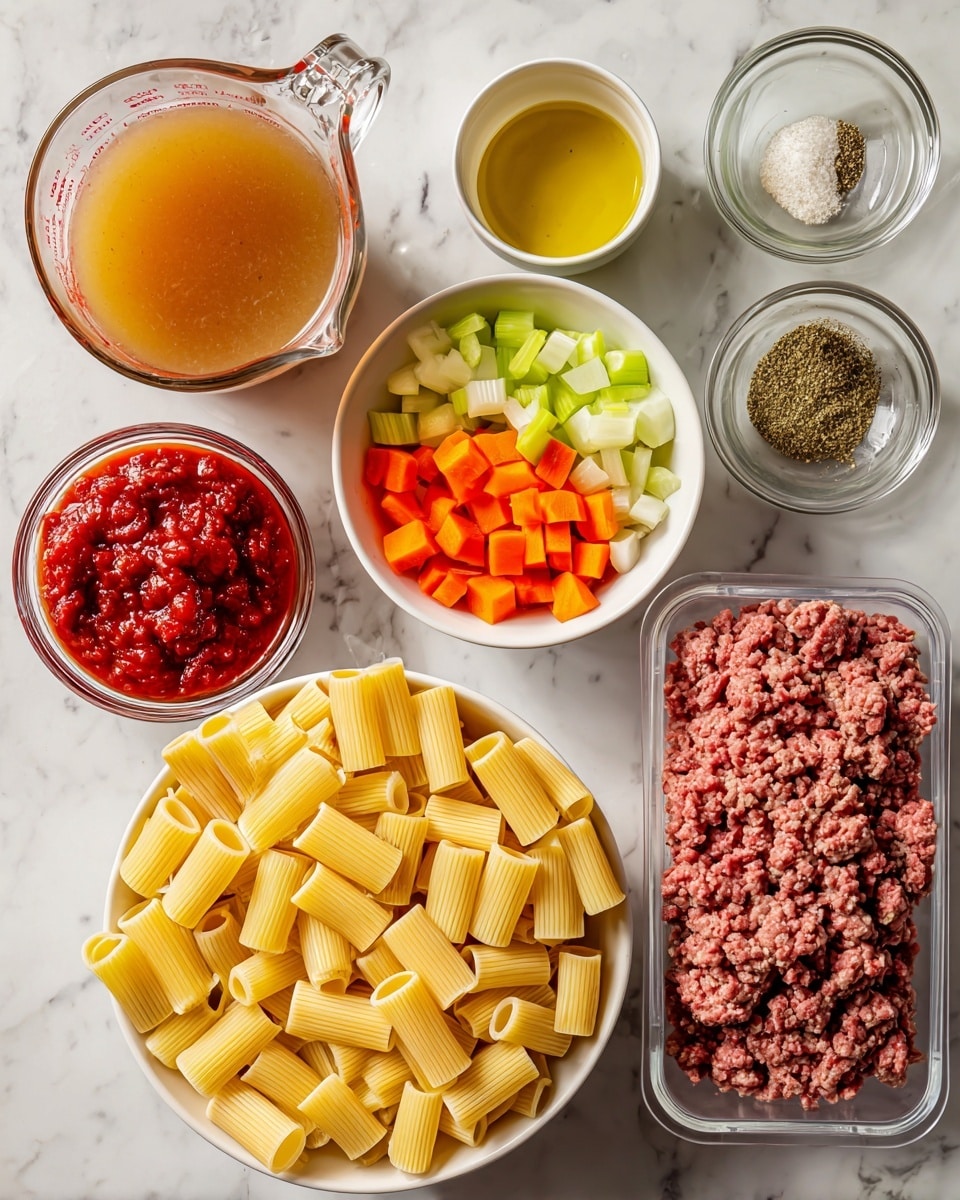 The image shows a variety of ingredients for rigatoni bolognese on a white marbled surface. There is a white bowl filled with uncooked rigatoni pasta in the center. To the right, a clear plastic container holds raw ground beef, while a white bowl above it contains small pieces of celery, diced onion, and orange carrot, each separated but sharing the same bowl. To the left of the rigatoni, a clear glass measuring cup holds beef broth with a light brown color. Above the broth, there are two small glass jars filled with deep red diced tomatoes and tomato paste. Nearby, a small cup with a golden yellow color contains oil, and next to it are small clear containers with salt and pepper, garlic powder, and Italian seasoning, all labeled with text. The overall setup is clean and neatly arranged for cooking guidance. photo taken with an iphone --ar 4:5 --v 7