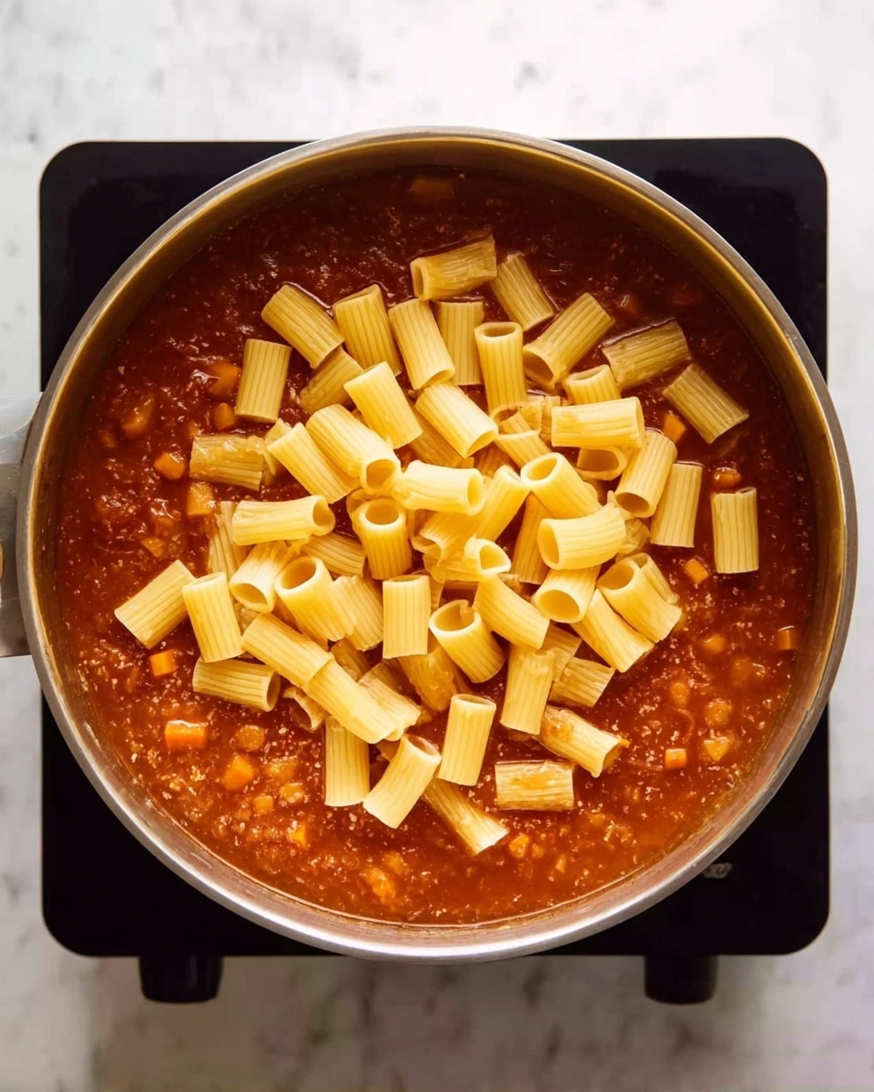 A top-down view of a stainless steel pot filled with a thick red-brown sauce containing visible small diced orange and white vegetables, partially covered by a layer of uncooked short tube-shaped pasta resting on top in a loosely scattered pile. The pot sits on a black induction cooker placed on a white marbled surface. The contrast between the pasta's light yellow color and the darker sauce beneath is clear. Photo taken with an iphone --ar 4:5 --v 7