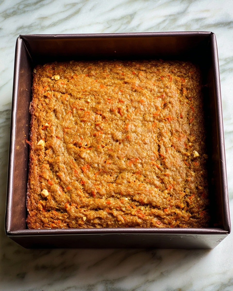 A square dark metal baking pan holds a single thick layer of freshly baked carrot cake with a textured surface showing small bits of grated orange carrot and some light-colored nut pieces throughout; the cake top is slightly uneven with a golden-brown color, resting on a white marbled surface photo taken with an iphone --ar 4:5 --v 7