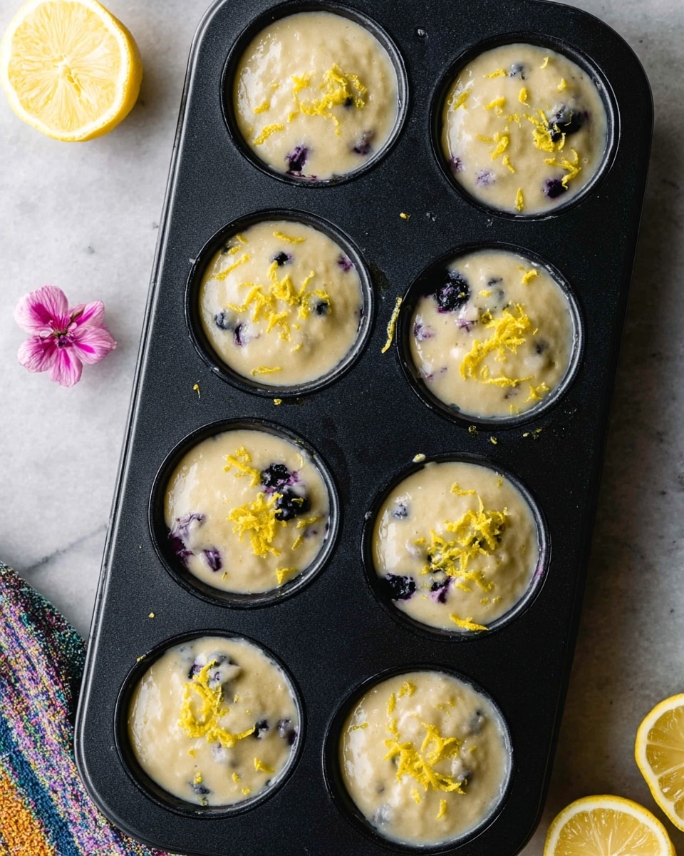 The image shows a black muffin tray filled with eight muffin cups of light beige batter with visible small dark spots from blueberries inside. Each muffin cup is topped with bright yellow lemon zest, scattered unevenly on the surface. The tray is placed on a white marbled surface, with a pink flower and two lemon halves nearby, along with a part of a colorful cloth at the bottom left. The batter looks smooth and creamy, with some areas showing blueberries poking through. photo taken with an iphone --ar 4:5 --v 7
