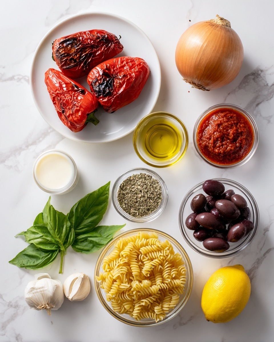The image shows an assortment of ingredients arranged separately on a white marbled surface. In the top left, there is a white plate holding three roasted red bell peppers with slightly charred skin. To the right of the peppers is a whole brown and yellow onion and a clear glass cup filled with cream. Below the cream, a small clear bowl contains red chili pepper flakes, next to another small clear bowl with dried oregano. Three garlic cloves are placed nearby. Toward the center is a small glass bowl of extra virgin olive oil. Below it, fresh green basil leaves lie next to a bowl of dry fusilli pasta, light yellow in color, and a small white bowl filled with bright red tomato paste. At the bottom right corner, a clear bowl holds dark purple Kalamata olives. A whole yellow lemon is near the peppers. The whole scene is bright, clean, and minimalistic. Photo taken with an iphone --ar 4:5 --v 7