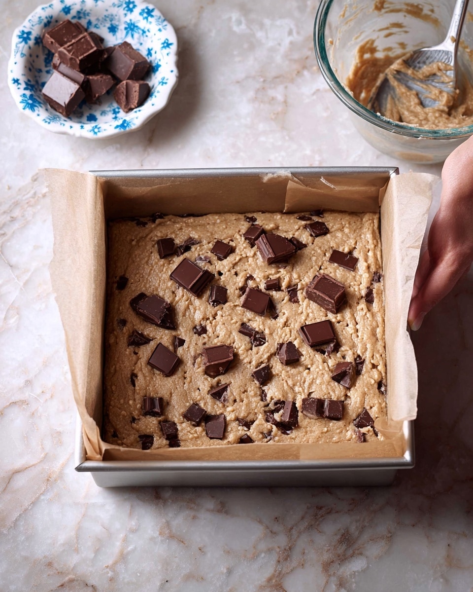 A square metal baking pan lined with parchment paper holds a thick, light brown batter mixed with small dark chocolate chunks spread evenly on the surface. The batter has a slightly rough texture with visible chocolate bits inside, and additional larger dark chocolate pieces are scattered on top, some lightly pressed into the batter. To the side, there is a small white ceramic dish with blue flower patterns containing a few extra chocolate chunks, and a clear glass bowl with some remaining batter residue is partially visible on the right. All items rest on a white marbled surface. photo taken with an iphone --ar 4:5 --v 7