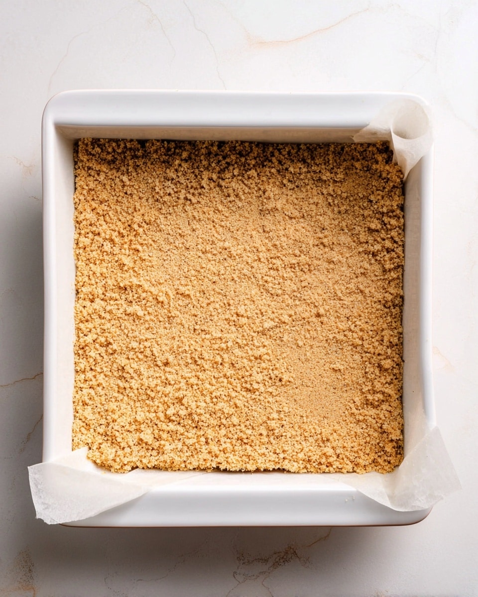 The image shows a square white baking dish with high edges, filled with a single layer of light brown, crumbly crust that covers the entire base evenly. The crust has a grainy texture and slight irregularities along the edges, with a small piece of white parchment paper peeking out on the right side. The dish is placed on a white marbled surface. photo taken with an iphone --ar 4:5 --v 7