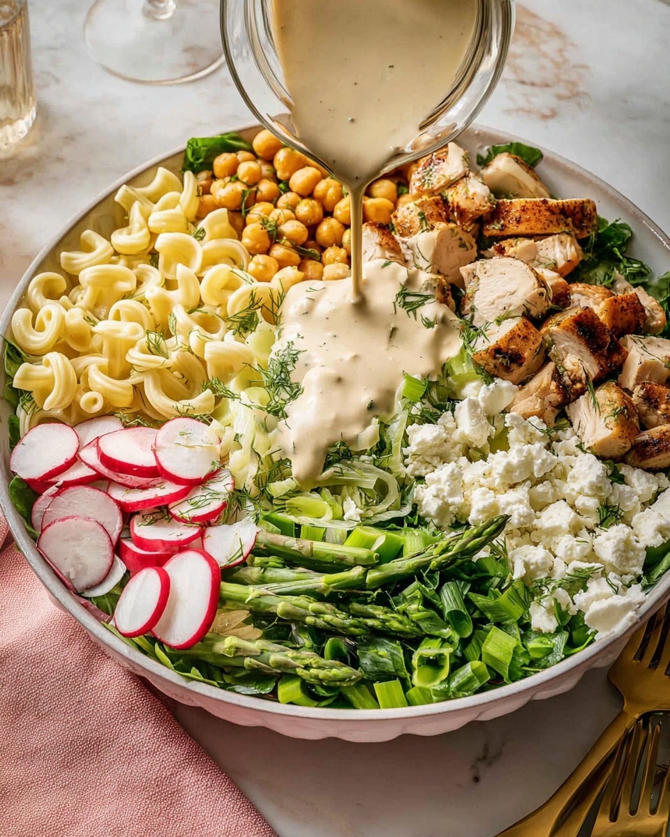 A white bowl filled with a colorful layered salad arranged in sections: at the top left are pale yellow curved pasta noodles, next to golden chickpeas, followed by brown grilled chicken pieces with white inside, then creamy white crumbled cheese at the bottom right. Along the bottom edge of the bowl are bright green chopped scallions and vegetables, some with leafy green herbs and asparagus pieces. Thin red and white radish slices are at the left near the pasta. A light beige creamy sauce is being poured over the salad from a glass pitcher, spreading over the chicken, radishes, and greens. The bowl sits on a white marbled surface, with a pink cloth and golden utensils nearby. Photo taken with an iphone --ar 4:5 --v 7