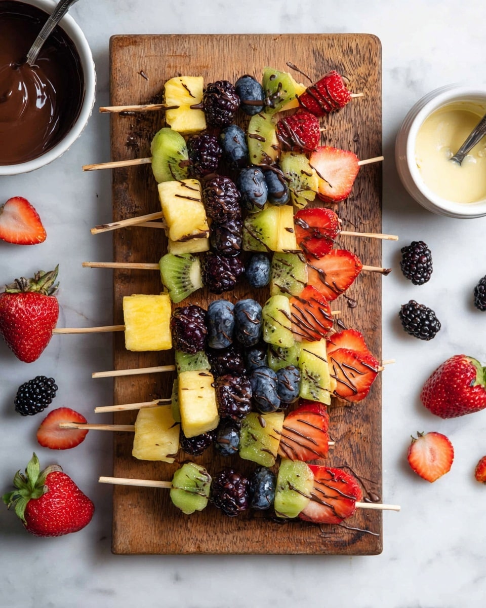 Several fruit skewers are laid out on a wooden board, each with layers of blueberry, kiwi slice, pineapple chunk, strawberry half, and blackberry, some with a dark chocolate drizzle on top. The colors are bright and fresh with dark purple, green, yellow, red, and black. To the left of the board, there is a small white bowl with melted chocolate and a silver spoon inside it, and another small white bowl with creamy honey drizzle. Two strawberry halves and some scattered blackberries and blueberries are on the white marbled surface around the board. photo taken with an iphone --ar 4:5 --v 7