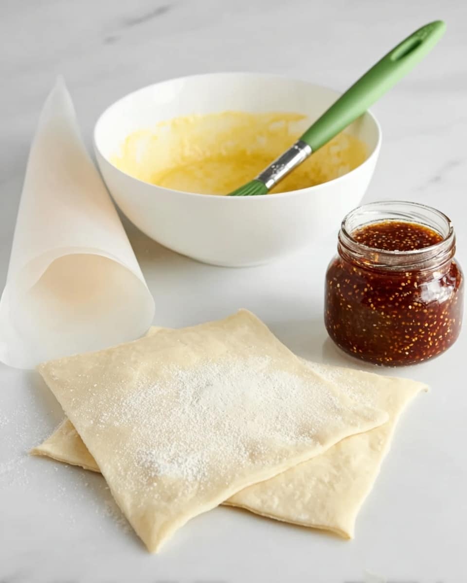 The image shows a white bowl filled with a yellow mixture, with a green silicone brush resting inside. Next to it is a glass jar filled with dark reddish-brown jam or sauce, with seeds visible and a spoon sticking out. In front lie four flat square sheets of pale dough, slightly dusted with flour, stacked on top of each other on a white marbled surface. To the left is a white pastry bag, slightly curled and resting on the surface. photo taken with an iphone --ar 4:5 --v 7