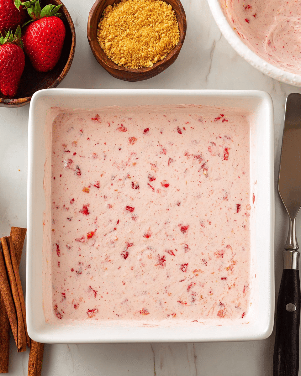 A square white dish filled with a single layer of light pink creamy mixture that has small red fruit pieces mixed evenly throughout. To the left of the dish, there are two whole red strawberries and a small bowl filled with golden crumbly crumbs and a cinnamon stick. On the right side, a metal spreading knife with a black handle lies next to the dish on a white marbled surface. The top right corner shows part of a white bowl containing more of the pink mixture. Photo taken with an iphone --ar 4:5 --v 7