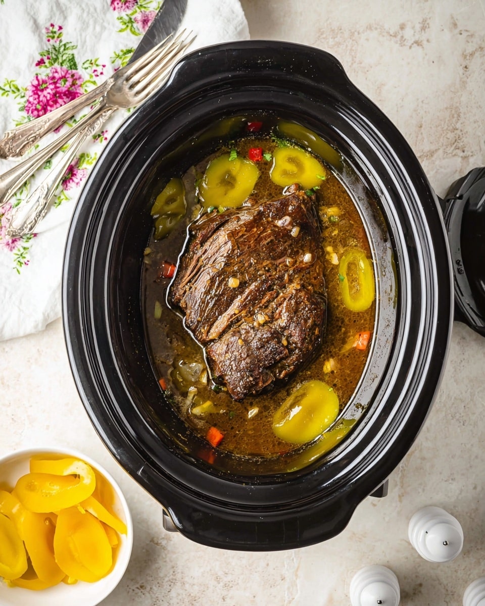 Inside a black slow cooker, there is one large cooked meat piece with a dark brown and slightly charred surface, resting in a thin light yellow broth with some small red and green bits. Around the meat, there are several whole and sliced bright yellow peppers floating in the broth. The slow cooker is placed on a white marbled textured surface with a sliced onion and small knife nearby to the bottom left, a white bowl filled with bright yellow peppers at the bottom right, and a pair of white salt and pepper shakers near the top right corner. A white cloth with a floral design and two forks are partially visible at the top left. photo taken with an iphone --ar 4:5 --v 7