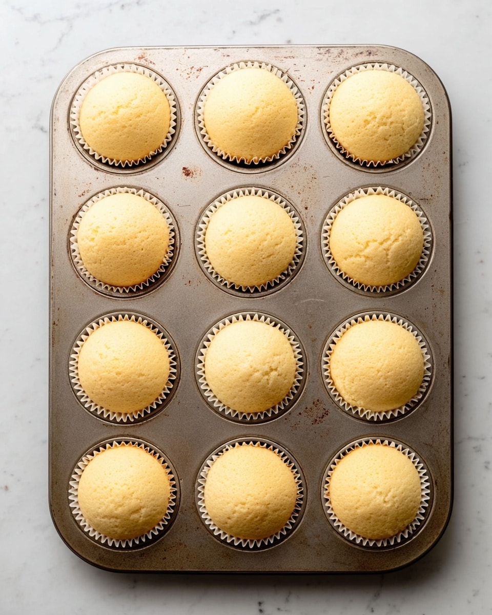 A metal muffin tray holds 12 light golden cupcakes in white paper liners. Each cupcake is smooth and evenly risen with a rounded top, all uniformly baked. The tray has some small stains and slight discolorations, showing use. It sits on a white marbled surface that adds subtle texture to the background. The photo is taken from above with soft natural light, highlighting the cupcakes' soft and fluffy texture. photo taken with an iphone --ar 4:5 --v 7