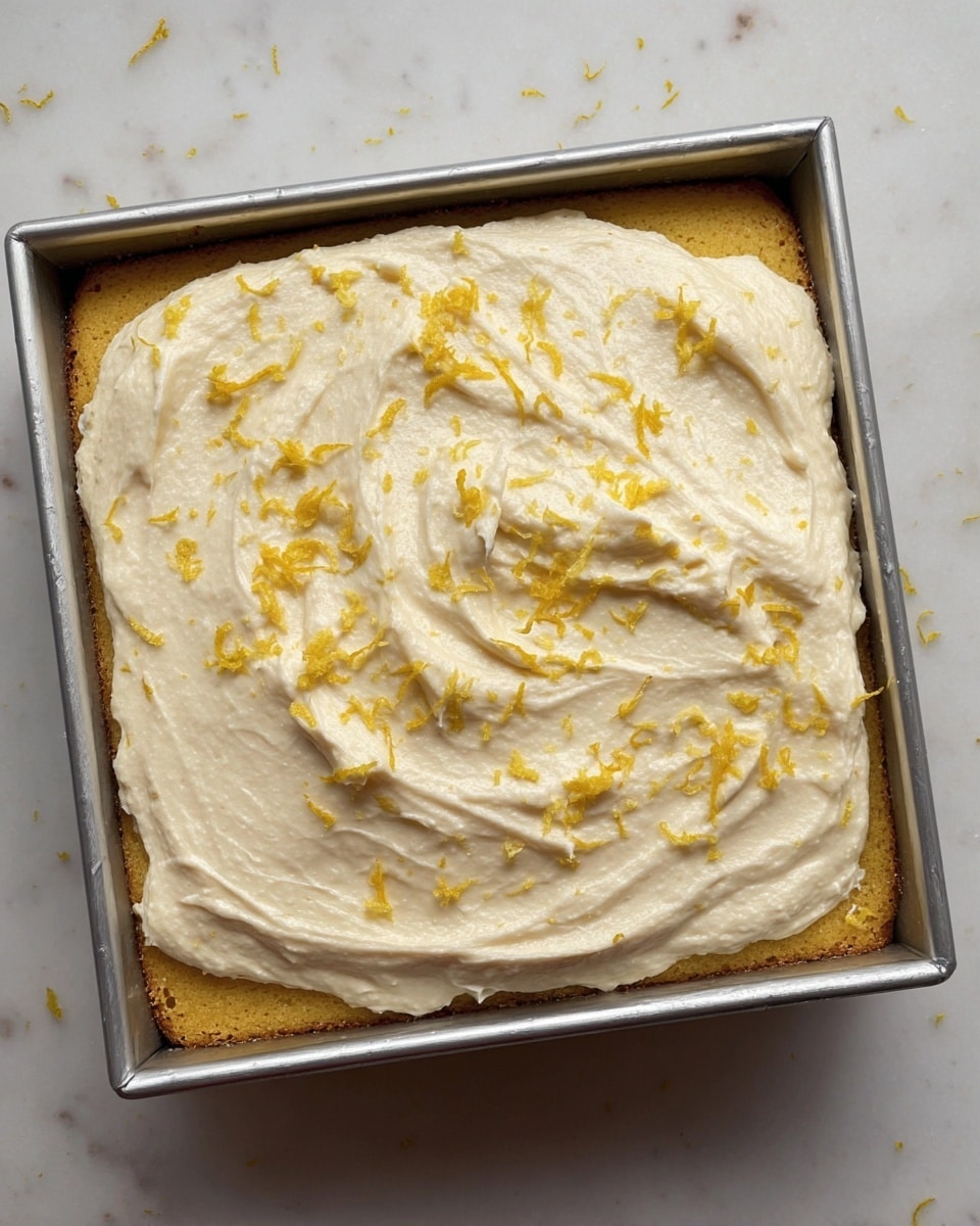 A square metal pan holds a two-layer dessert. The bottom layer is a smooth, golden-yellow cake that reaches the edges of the pan. On top, a thick, creamy white frosting is spread evenly, with gentle swirling textures visible on the surface. Scattered small bits of bright yellow zest are sprinkled across the frosting, adding a pop of color. The pan is placed on a white marbled surface, and some crumbs and zest bits are visible around it. photo taken with an iphone --ar 4:5 --v 7