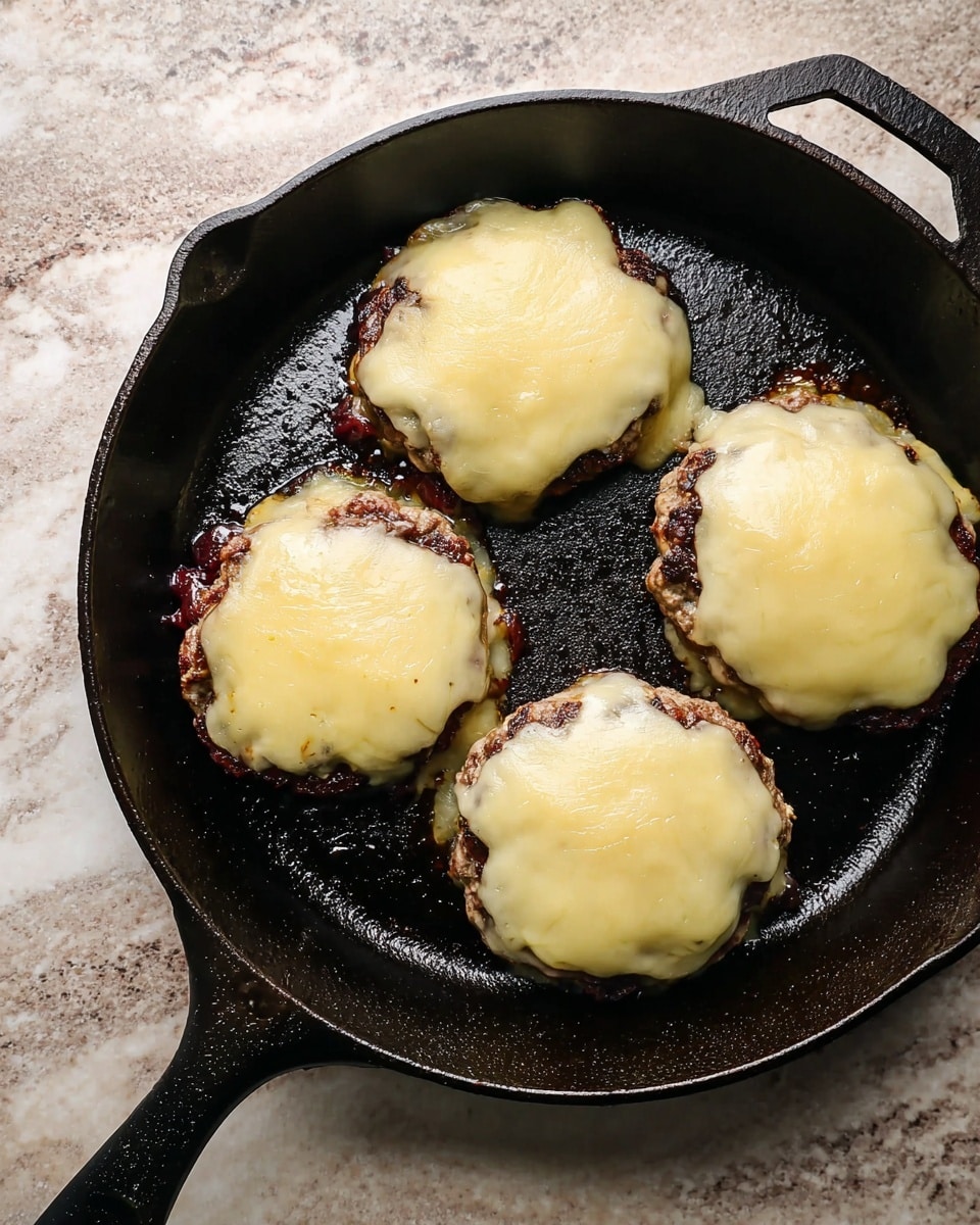 Four cooked patties sit in a black cast iron skillet, each topped with a melted layer of pale yellow cheese that looks smooth and slightly bubbly. The patties are dark brown with some juicy spots visible underneath the cheese. The skillet is resting on a white marbled surface. photo taken with an iphone --ar 4:5 --v 7
